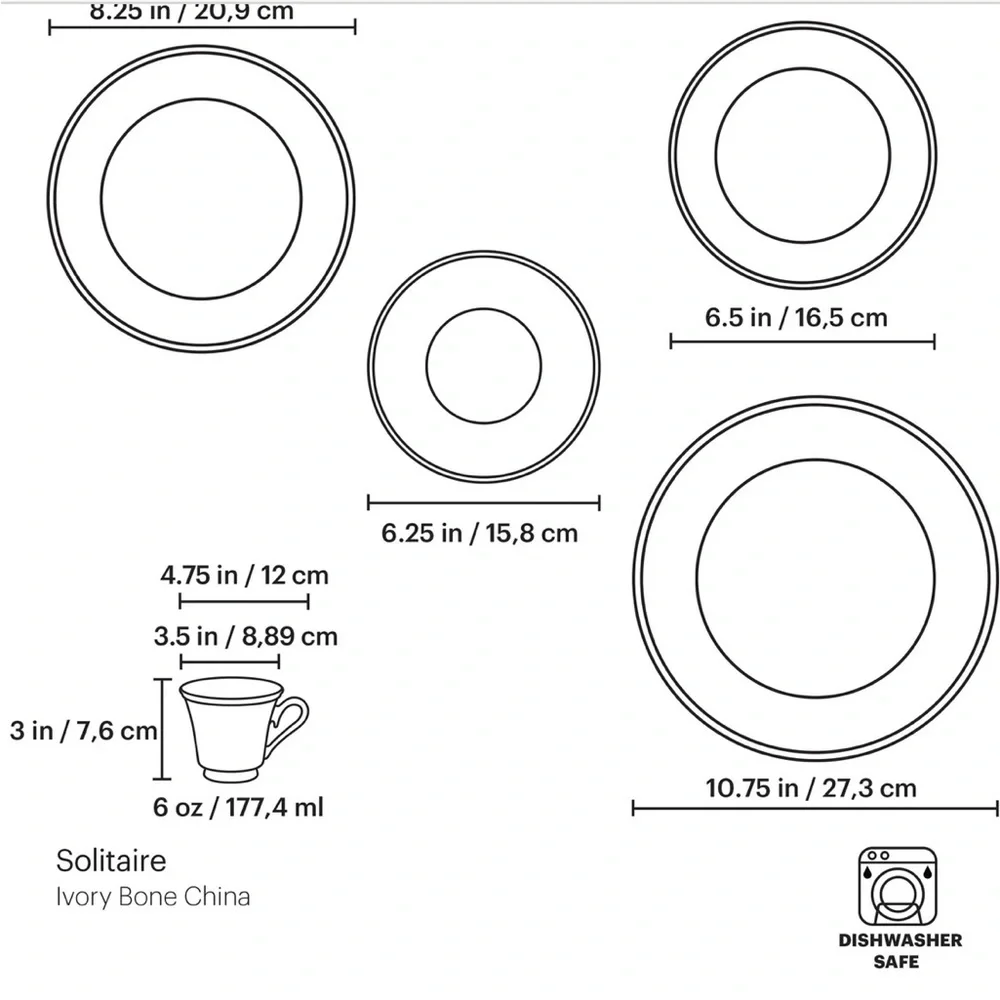 Lenox SOLITAIRE  5-Piece Place Setting Dinnerware Set, Dimensions USA